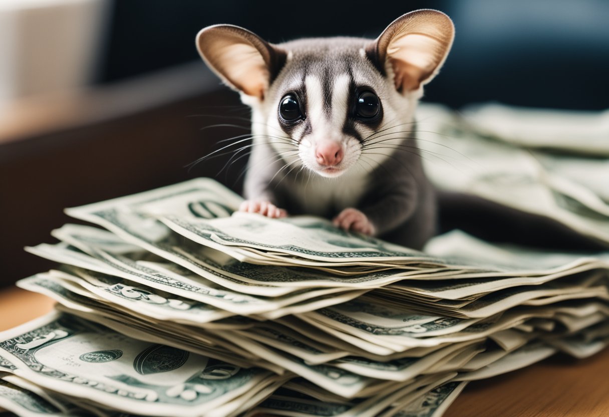 A sugar glider sits next to a pile of bills and receipts, representing the additional expenses of owning one