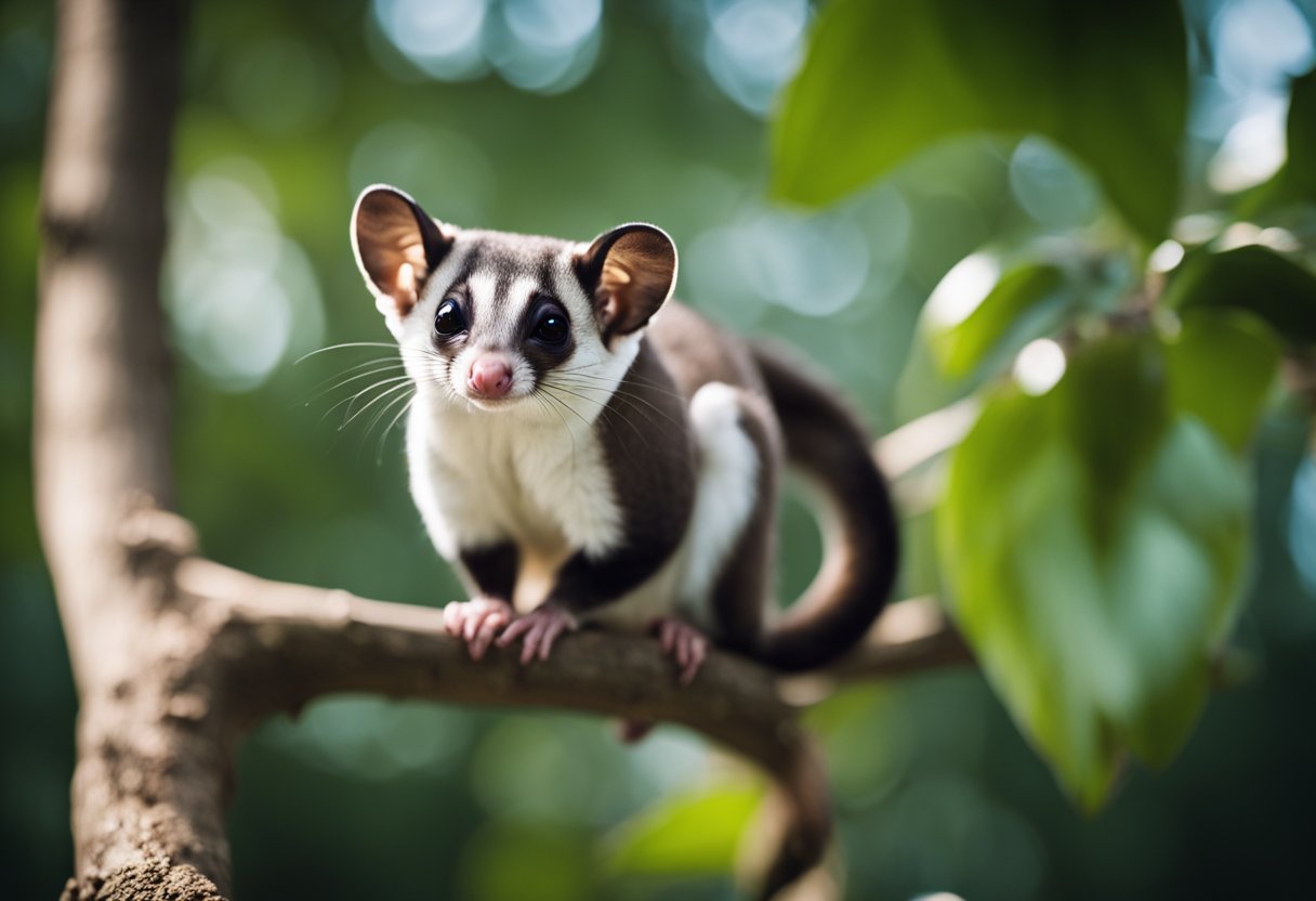A sugar glider perched on a tree branch, with a curious expression and a small price tag hanging from its tail