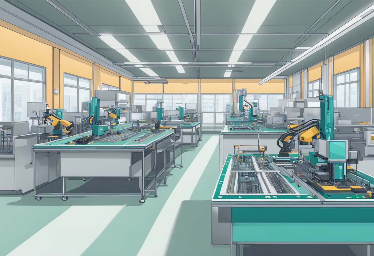 PCB assembly equipment in a clean, well-lit factory setting with conveyor belts, robotic arms, and soldering stations