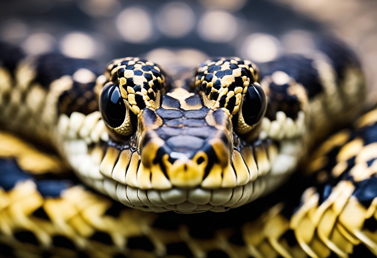 A python's mouth opens, revealing sharp, curved teeth with a yellowish tint. Saliva glistens on the teeth, highlighting their menacing appearance