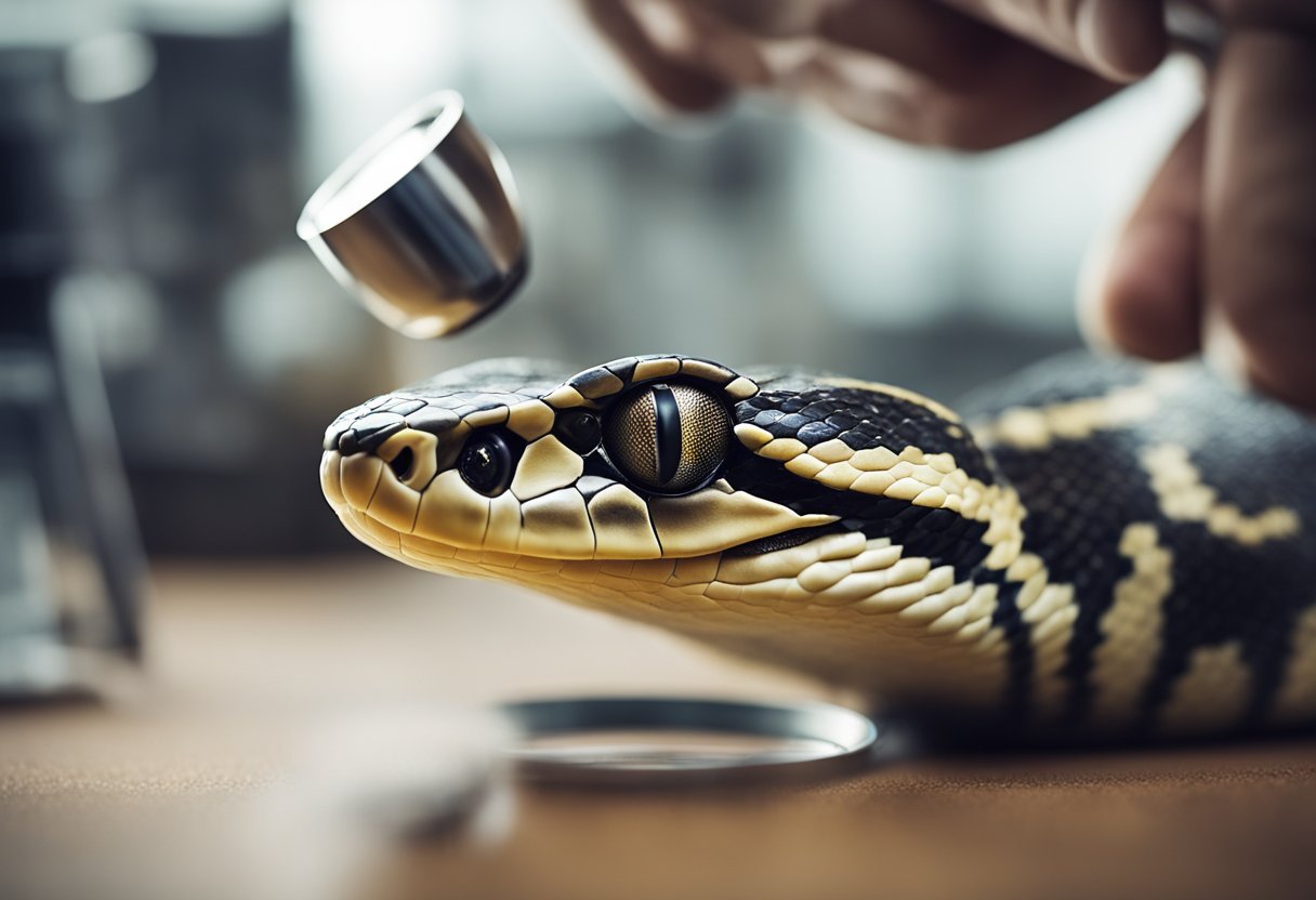 A scientist examines a python's teeth with a magnifying glass
