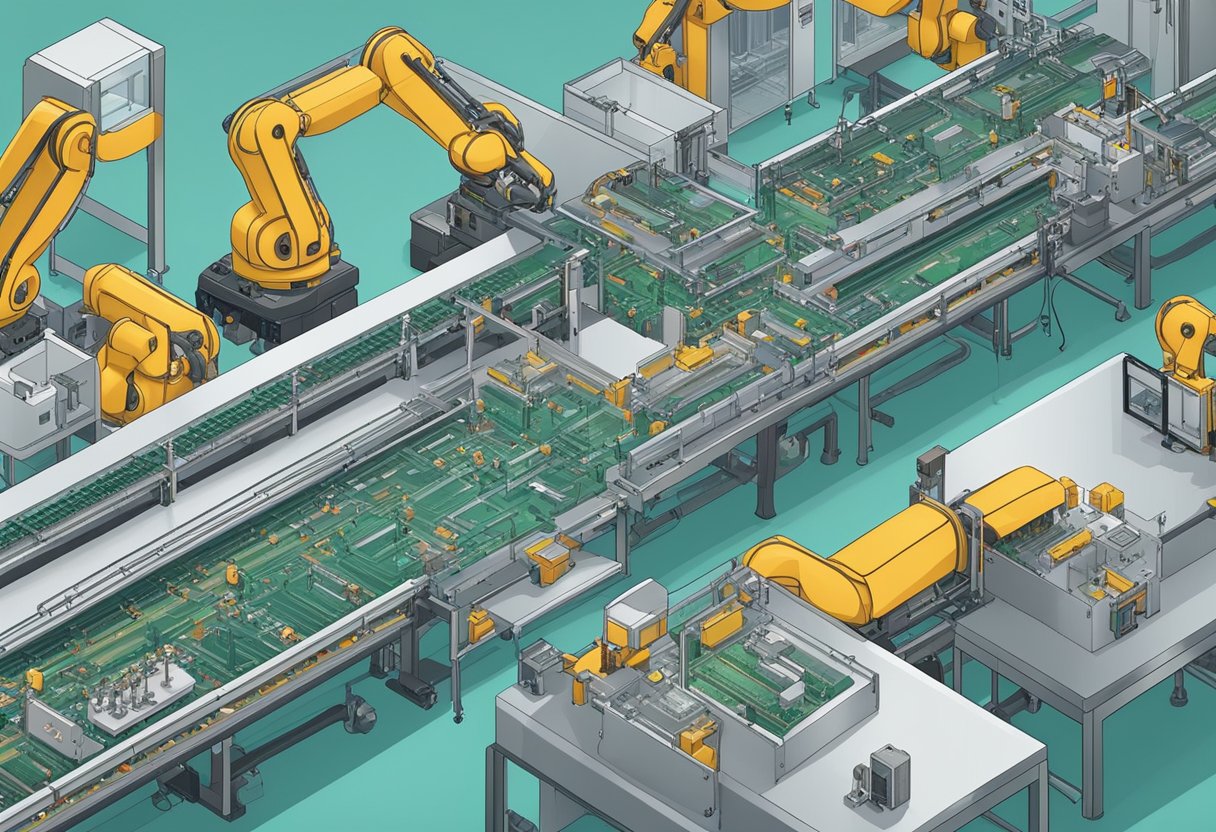 A conveyor belt transports PCBs through a clean, well-lit assembly line. Robotic arms meticulously place components onto the boards, while quality control inspectors monitor the process