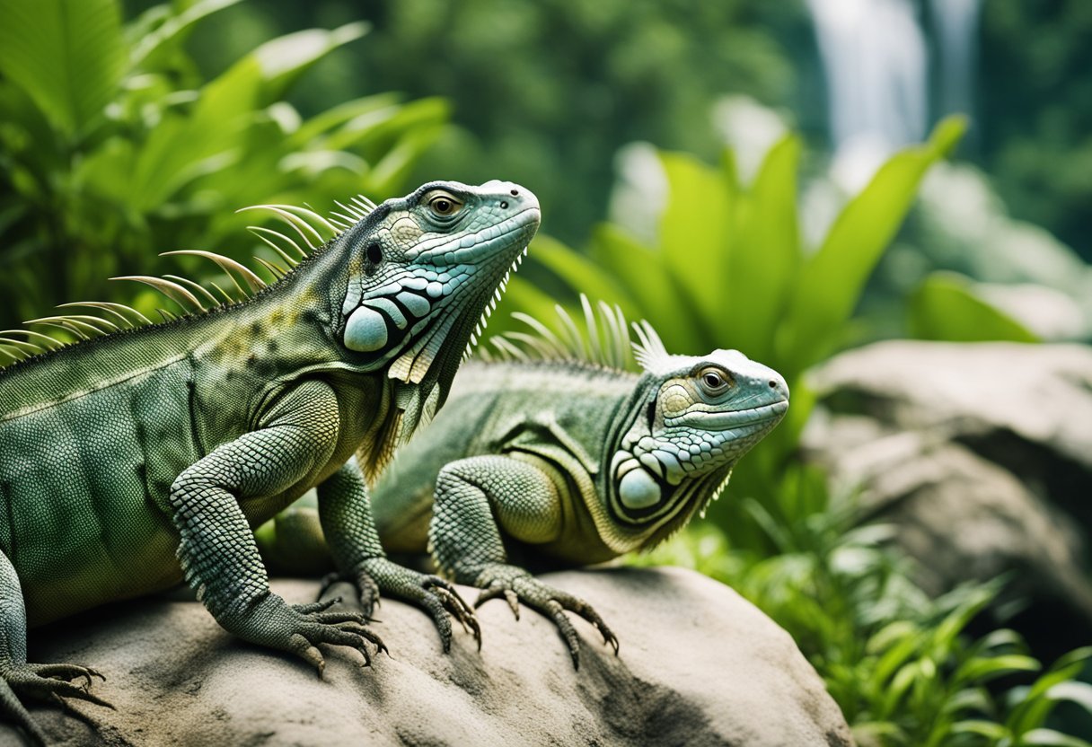 Iguanas basking on rocks, surrounded by lush greenery and tropical plants, with a clear view of a nearby body of water