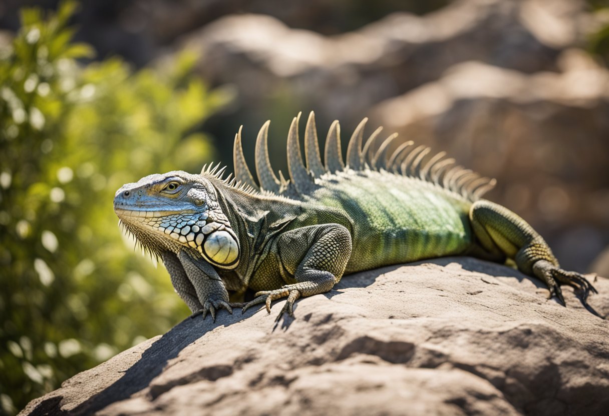 An iguana basks on a rocky outcrop, its scaly skin reflecting the sunlight. Its long tail curls around the jagged surface as it gazes out with its sharp, intelligent eyes