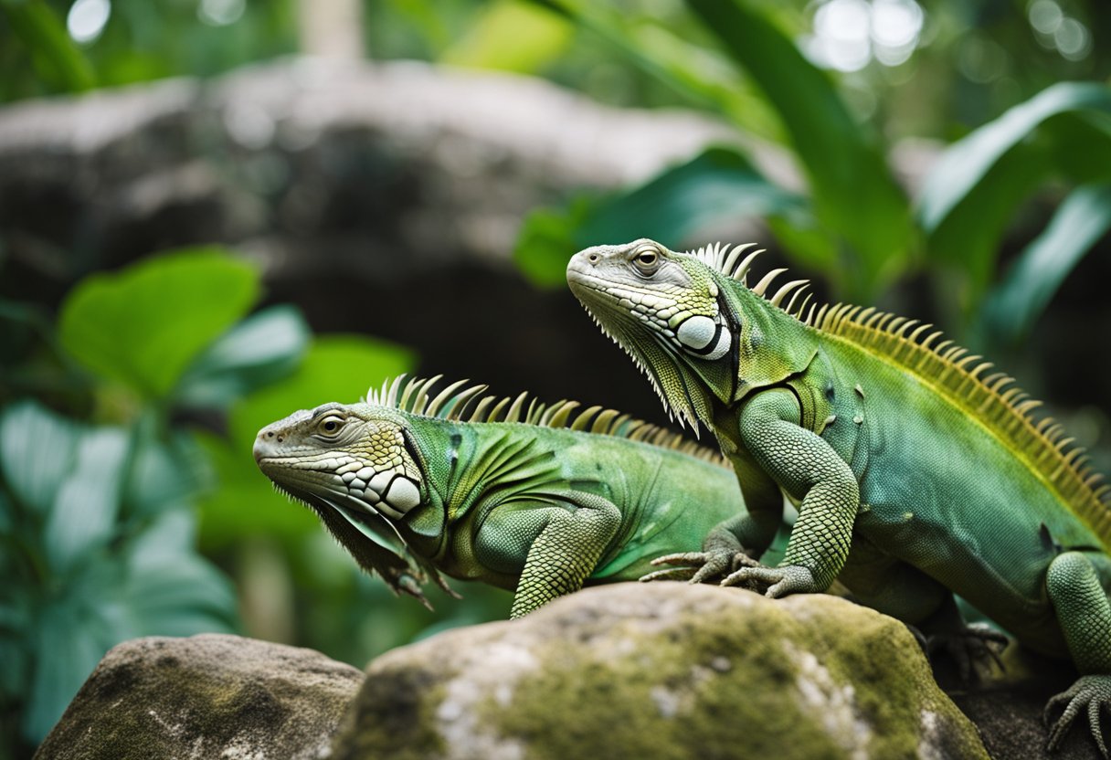 Iguanas basking on rocks, climbing trees, and foraging for food in a tropical forest