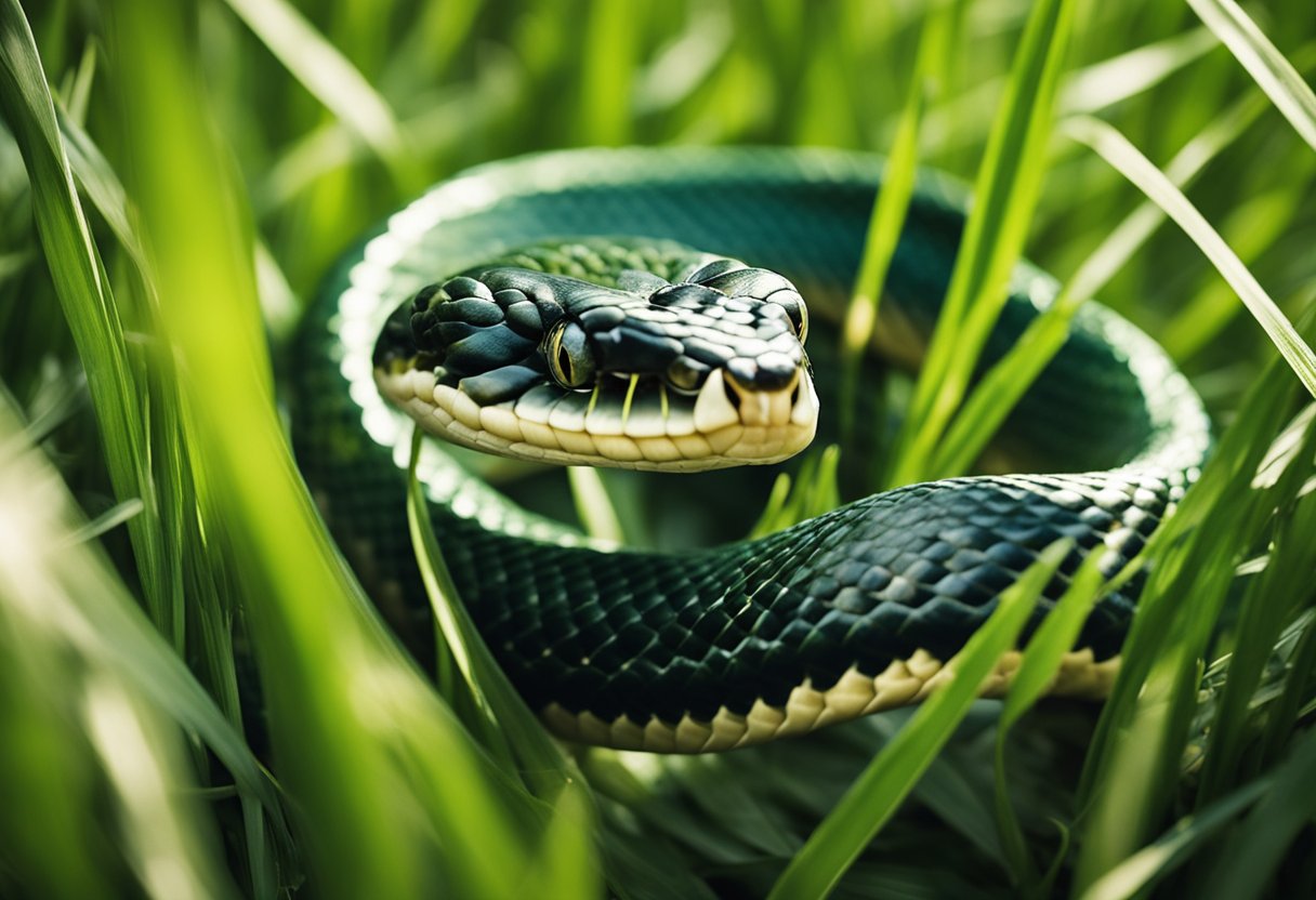 A snake slithers through tall grass, flicking its tongue in the air. Its scales glisten in the sunlight as it searches for prey