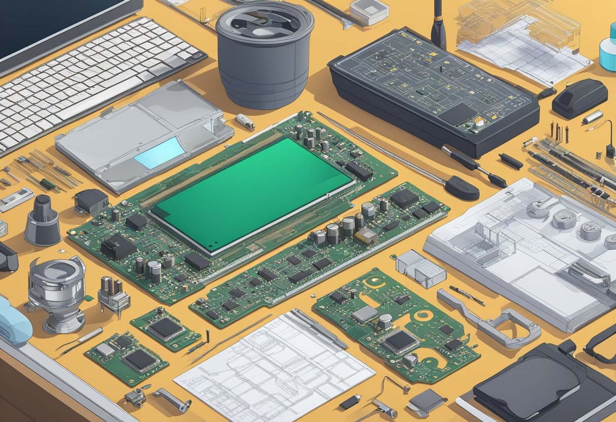 DC controller PCB assembly: Components laid out on a workbench, soldering iron, and magnifying glass nearby. Schematics and tools scattered around