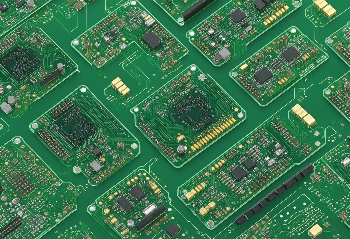 The DC controller PCBs are neatly arranged on the assembly table, with various components like resistors, capacitors, and integrated circuits soldered onto the green circuit boards