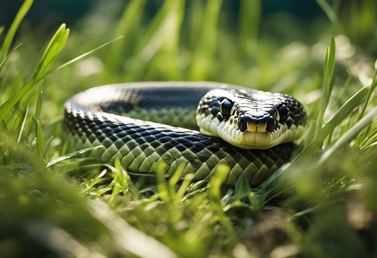 A snake slithers through the grass, its forked tongue flicking out to taste the air. Its scales glisten in the sunlight as it searches for its next meal