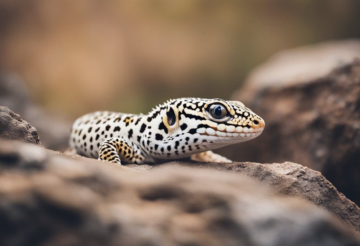 An adult leopard gecko rests on a rocky ledge, its vibrant spotted skin contrasting with the earthy tones of its surroundings