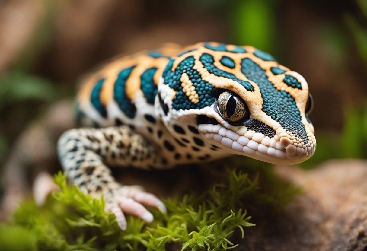 A leopard gecko resting on a warm rock in its terrarium, with vibrant, patterned skin and distinctive bumpy texture