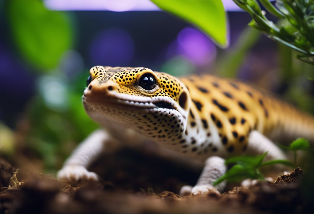 A leopard gecko sits comfortably in its spacious terrarium, basking under a warm UV light and surrounded by various hiding spots and climbing branches