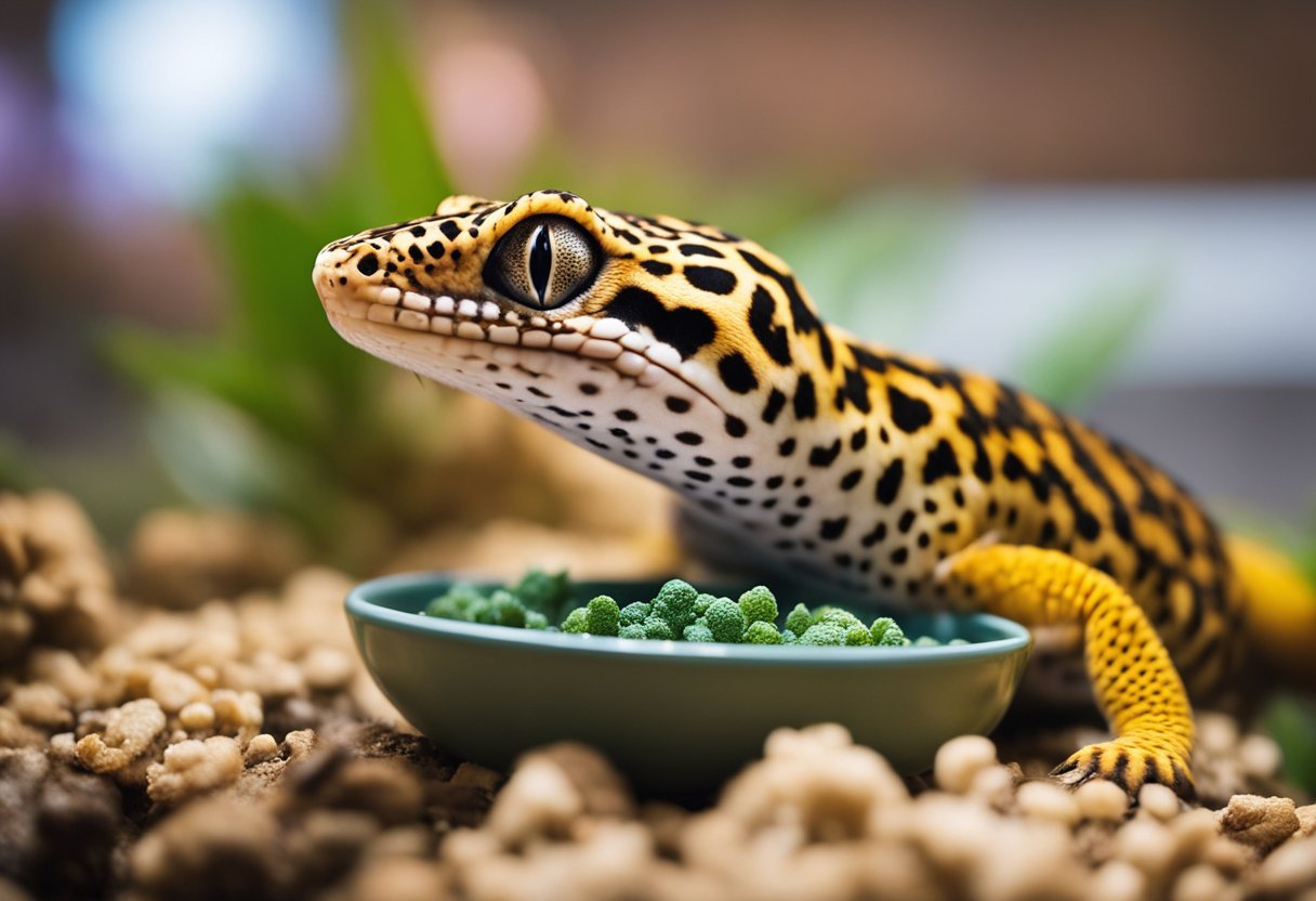A leopard gecko is eating adult leopard gecko diet from a shallow dish in its terrarium. Its tongue darts out to catch the meal, while its vibrant skin contrasts against the substrate