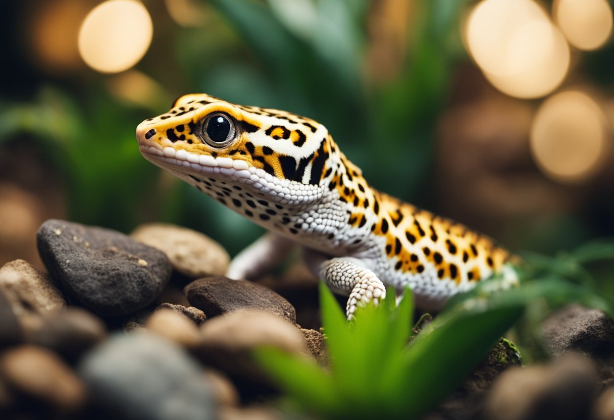 An adult leopard gecko is carefully selecting a mate in a terrarium filled with rocks, plants, and hiding spots