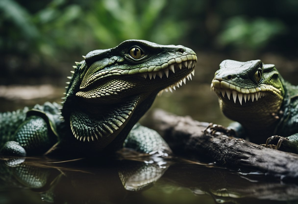 Two reptiles face off in a murky swamp, their jaws open wide, showcasing rows of sharp teeth. The tension is palpable as they size each other up, ready to strike at any moment