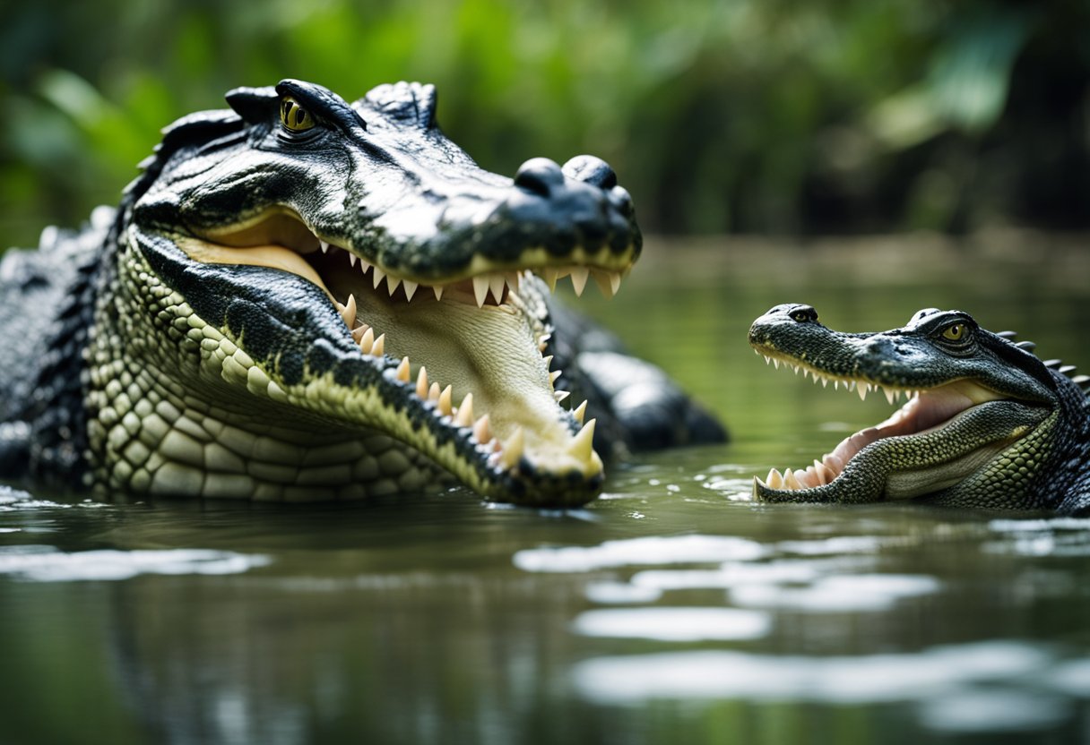 Two large reptiles, one alligator and one crocodile, face off in a murky swamp, their sharp teeth bared and ready to strike