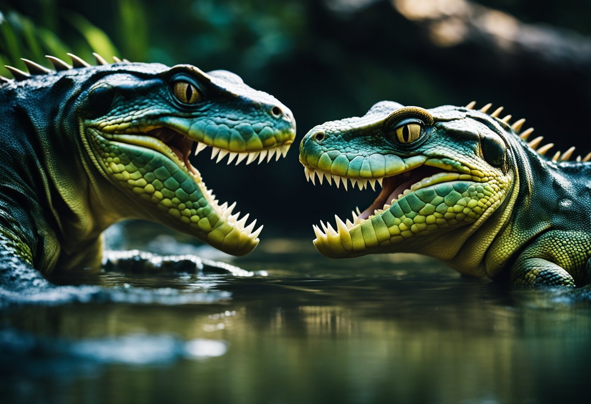 Two fierce reptiles face off in a murky swamp, their powerful jaws open in a menacing display. The tension is palpable as they size each other up, ready to defend their territory