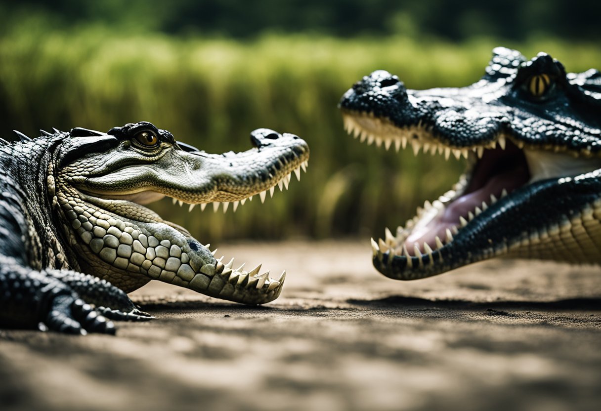 An alligator and a crocodile face off, jaws open and ready to strike, as onlookers watch with trepidation