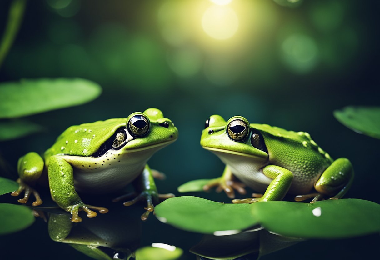 Frogs hop and croak in the moonlit pond, their eyes gleaming in the darkness as they search for insects to feast on