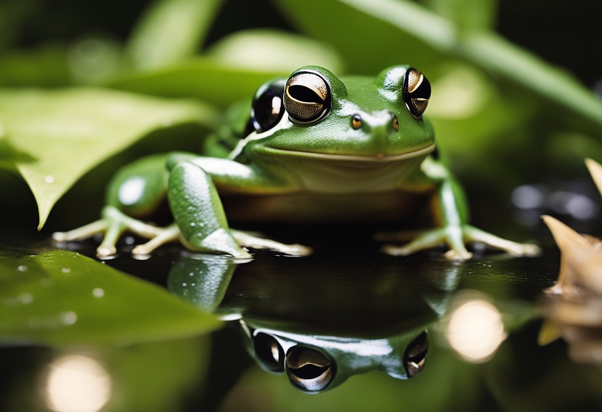 Frogs emerge at night, hopping among moonlit leaves and croaking softly