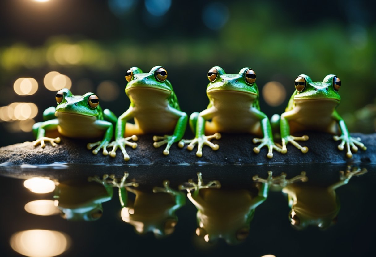 A group of frogs croaking and hopping around in the moonlit night, surrounded by the sounds of nature