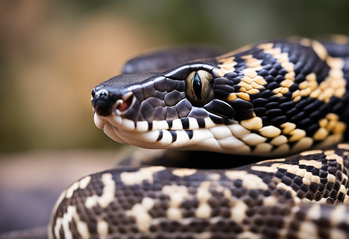 A ball python's face, with distinctive markings and a forked tongue, poised in a striking position