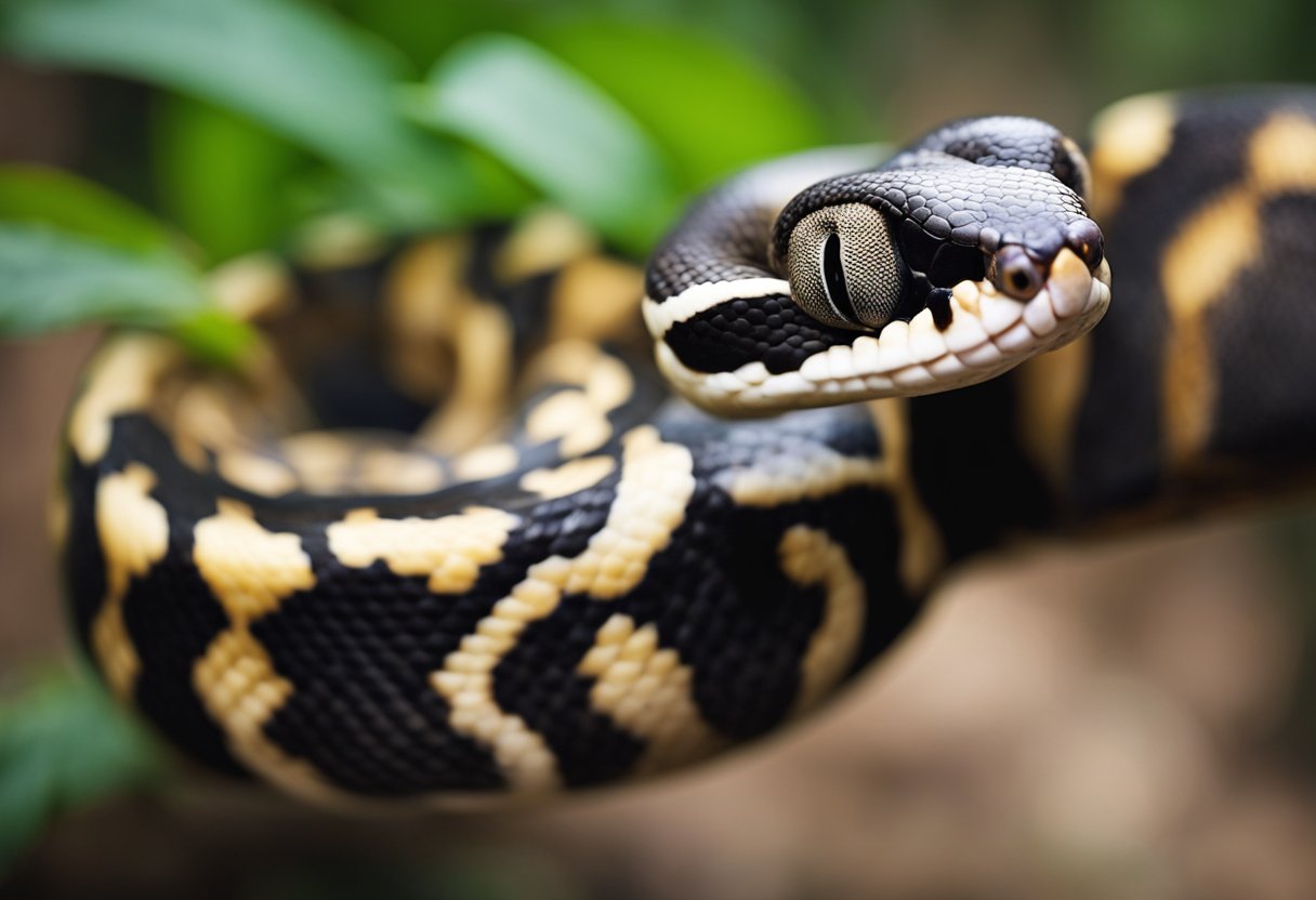 A ball python's face with distinctive scales, slit-like nostrils, and a rounded head, resting on a branch