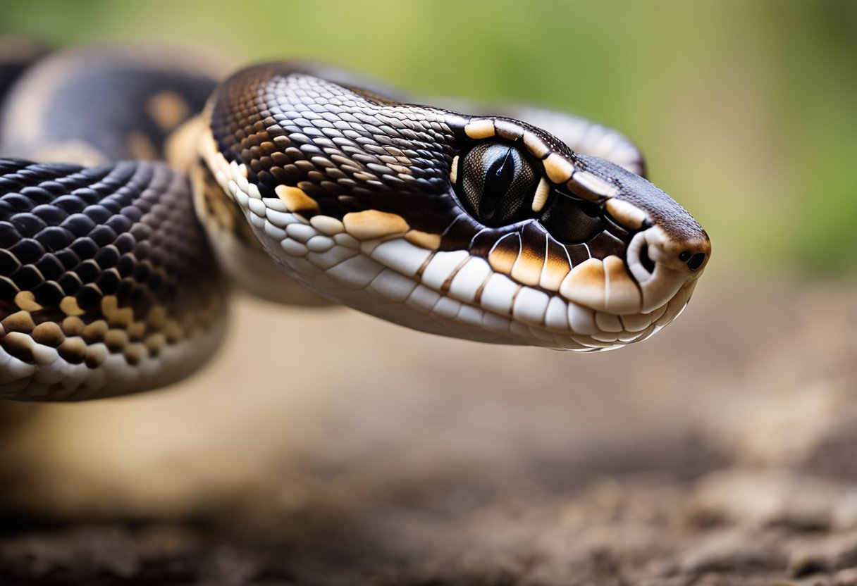 A ball python with intricate face markings in shades of brown and black, with a distinctive symmetrical pattern