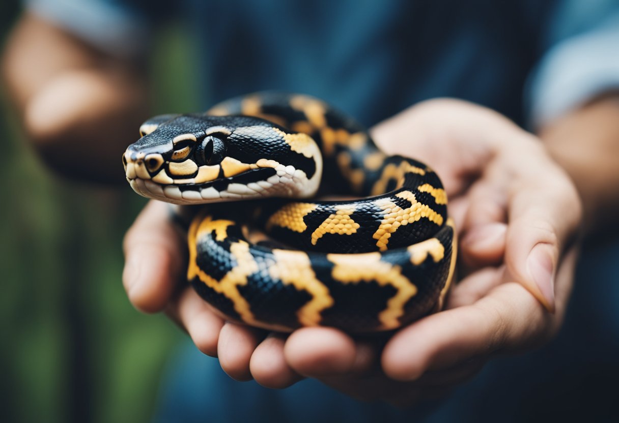 A hand gently holds a ball python, its face curiously interacting with the person
