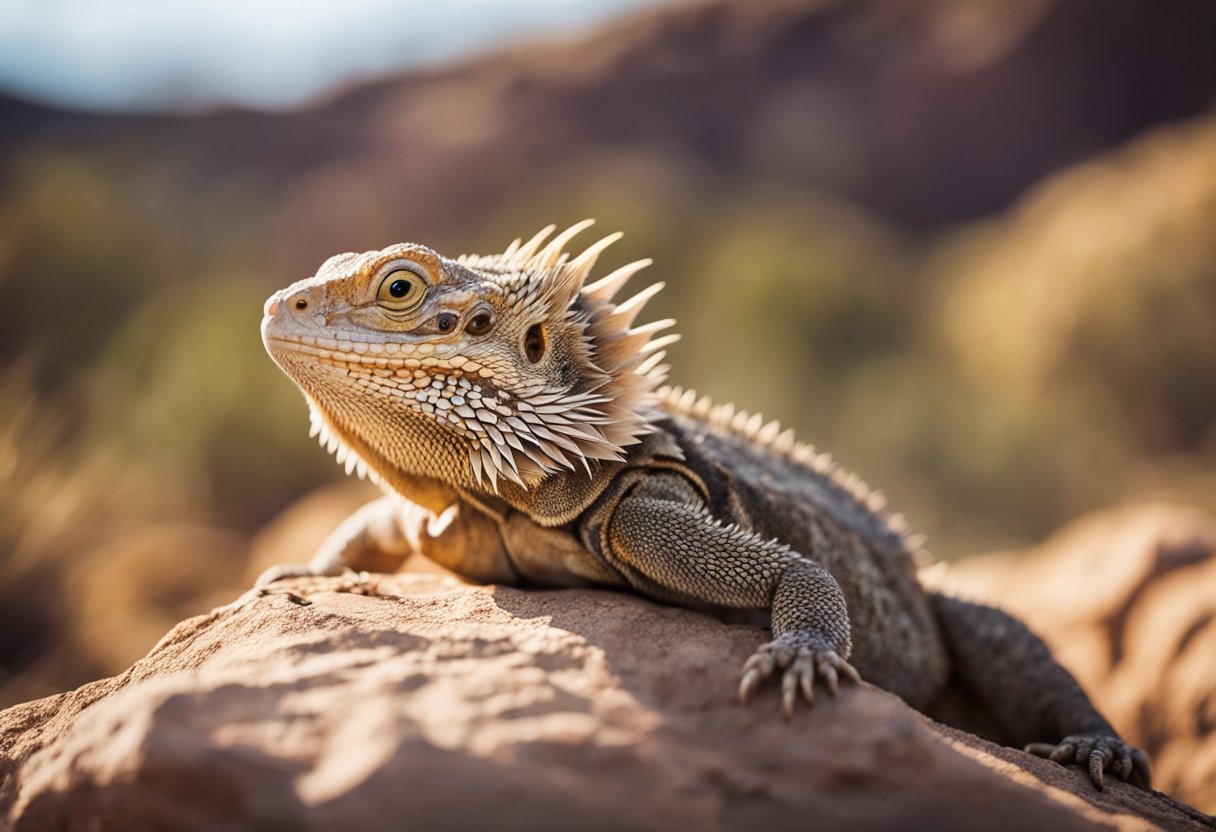 A bearded dragon basking on a rocky outcrop in the Australian desert. Surrounding vegetation includes scrubby bushes and dry grasses