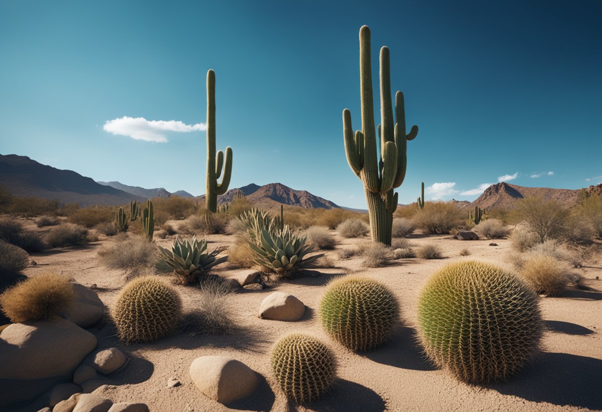 Sunny desert landscape with scattered rocks and cacti. Clear blue sky with intense sunlight and minimal cloud cover