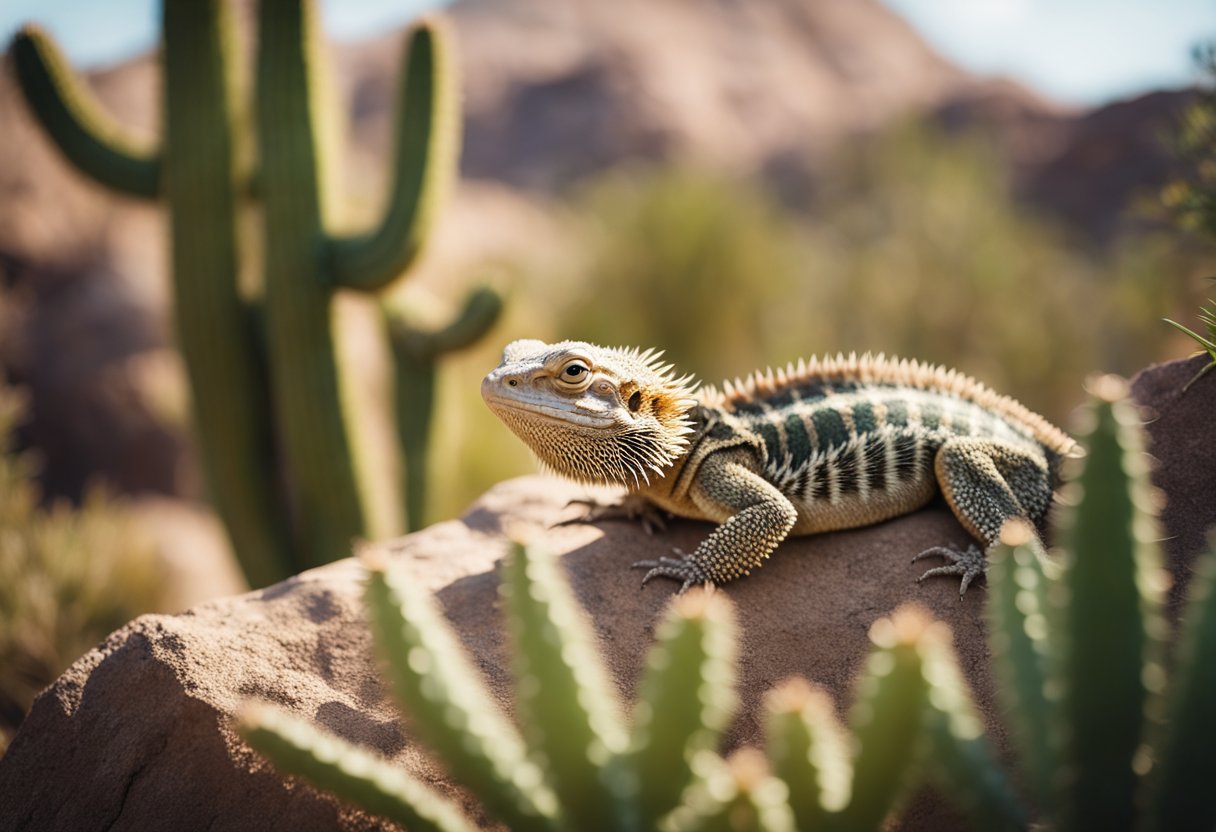 Lush greenery surrounds a rocky desert terrain, with cacti, shrubs, and small trees. A bearded dragon basks on a sun-warmed rock, blending in with the earthy tones of its natural habitat