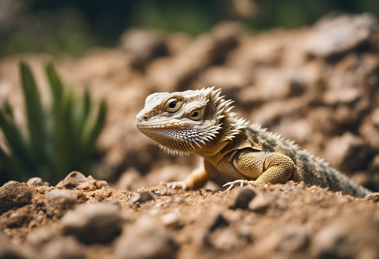 The bearded dragon's natural habitat features rocky terrain, sparse vegetation, and sandy soil. The landscape is dotted with low-lying shrubs and small caves for shelter