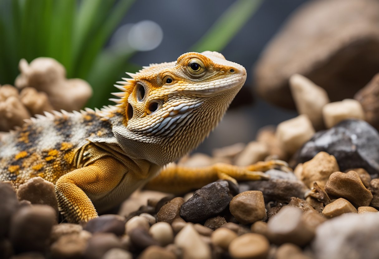 A bearded dragon sits on a rock, surrounded by various types of poop, with a chart nearby showing the different colors and consistencies