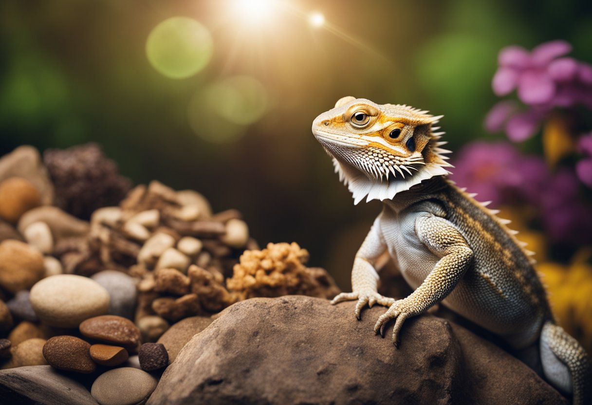 A bearded dragon sits on a rock, surrounded by various types of poop. A chart on the wall shows different colors and textures with corresponding remedies