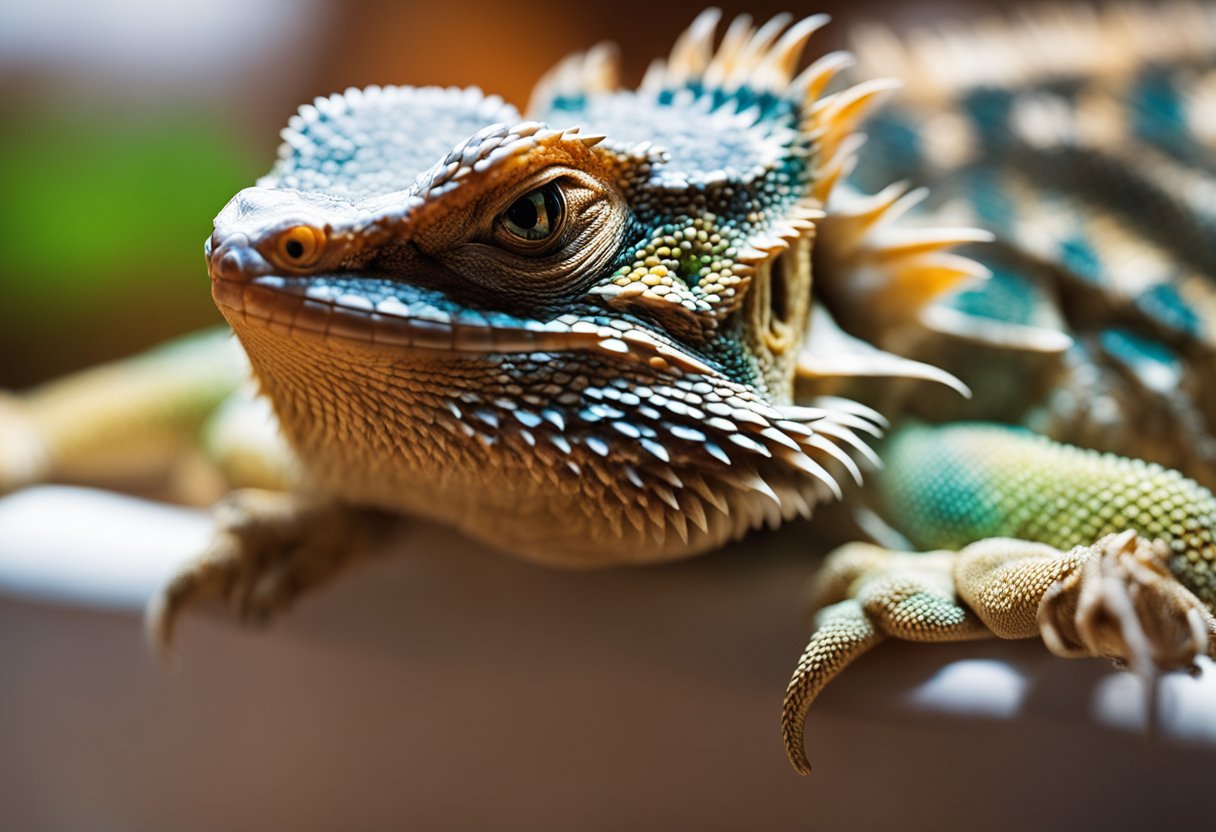 A bearded dragon displaying stress marks on its body while basking under a heat lamp