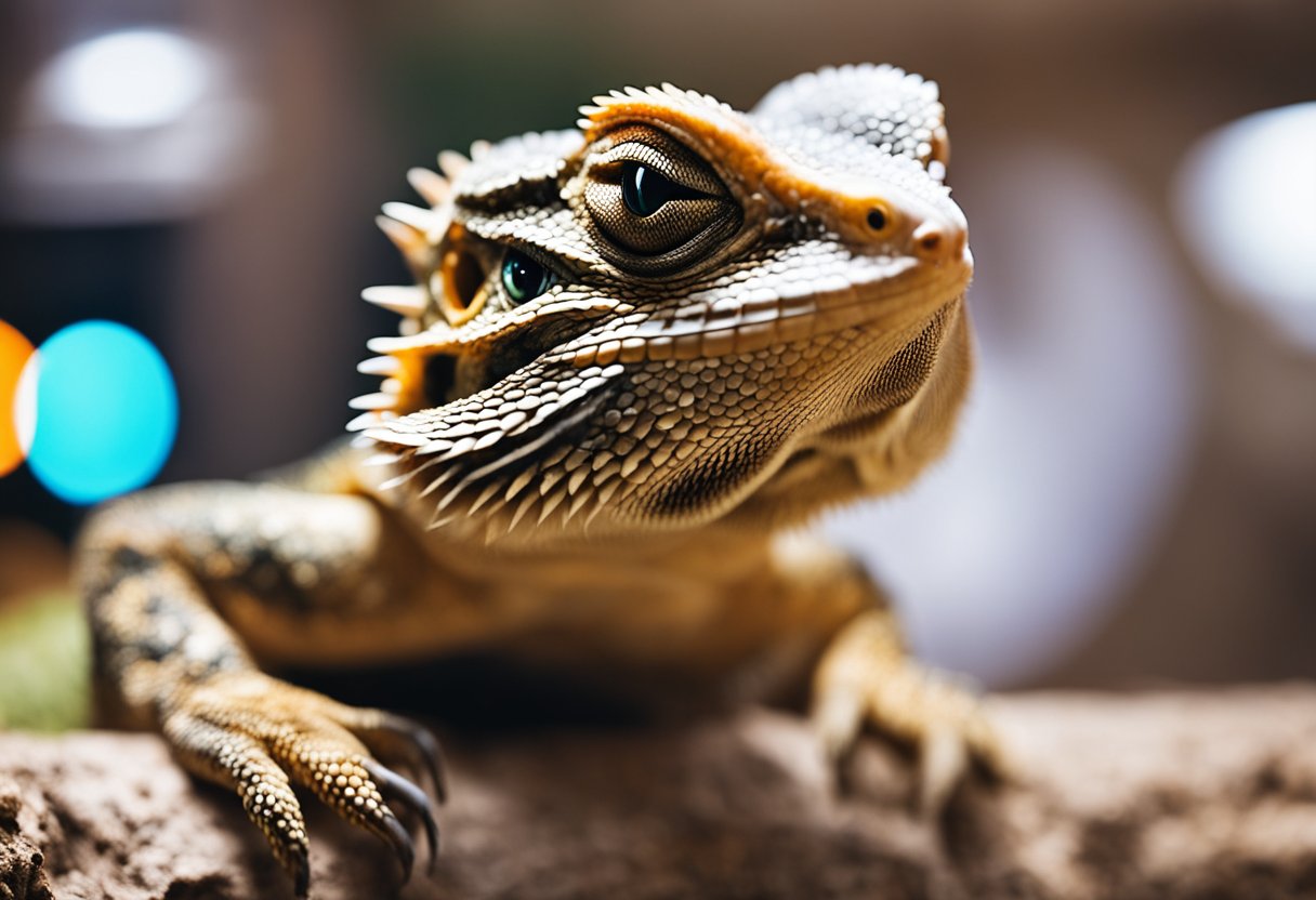 A bearded dragon basking under a heat lamp with a comfortable hiding spot and a variety of enrichment items in its enclosure