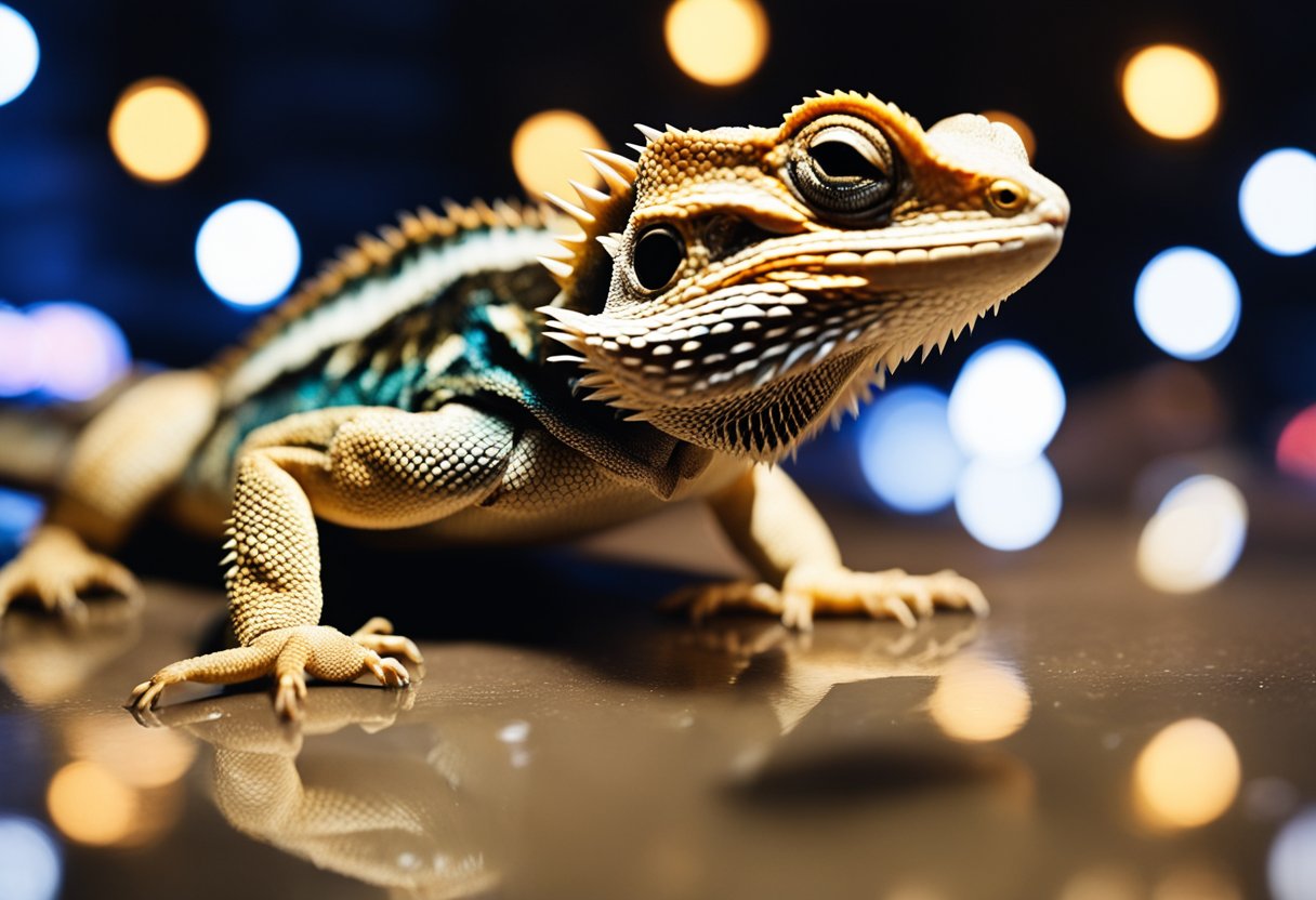 A bearded dragon sits in a cramped, cluttered enclosure, surrounded by bright lights and loud noises. Its body is tense, with dark stress marks visible on its skin