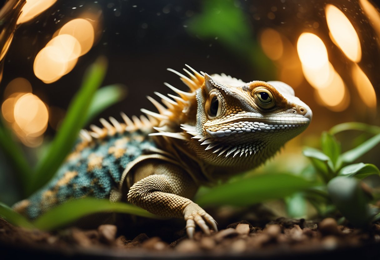 A bearded dragon in a terrarium with stress marks on its body, surrounded by heat lamps and hiding spots