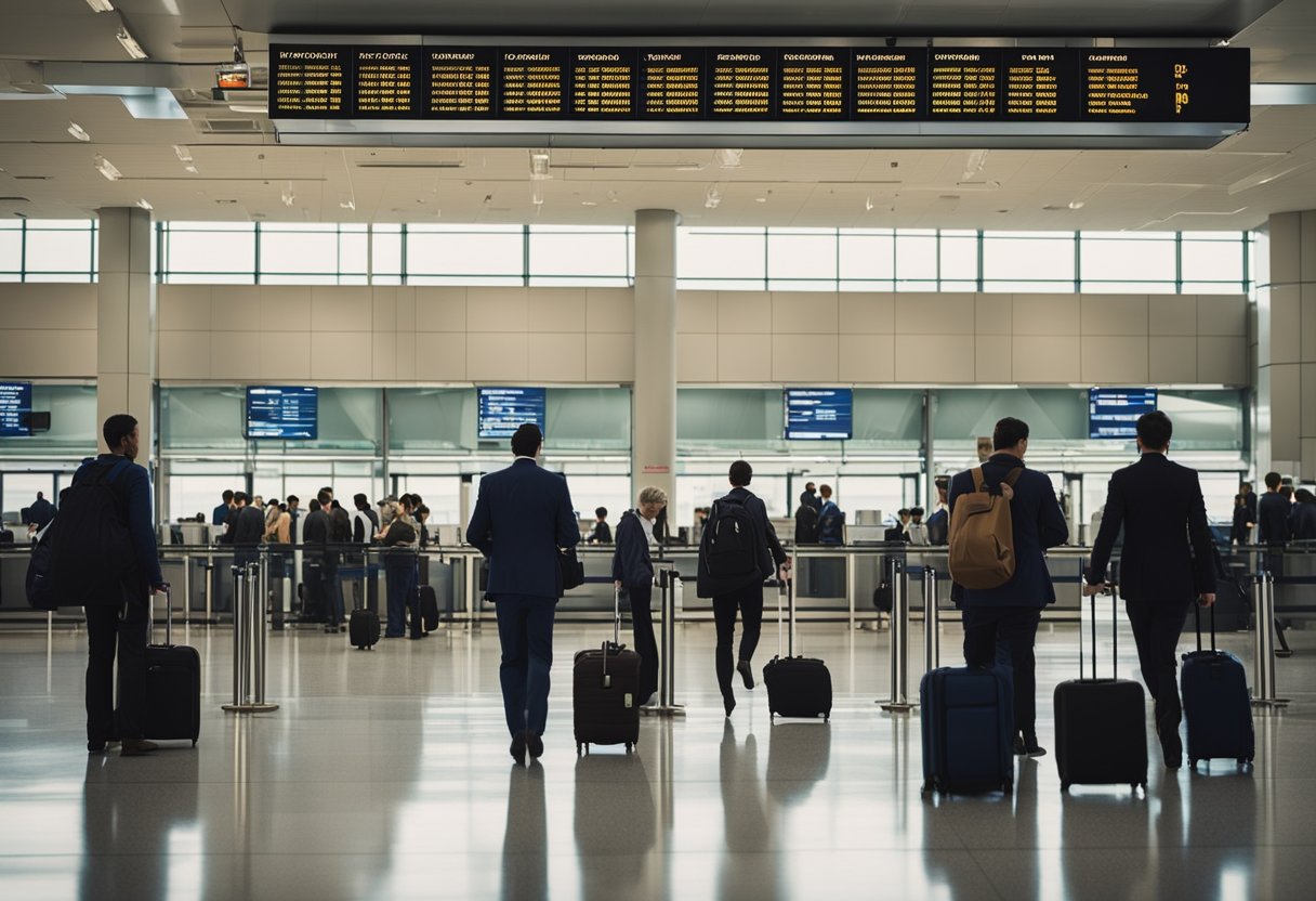 A bustling airport with people carrying suitcases and queuing at a Canadian immigration desk. A sign overhead reads "Express Entry to Canada" with arrows pointing towards the immigration area