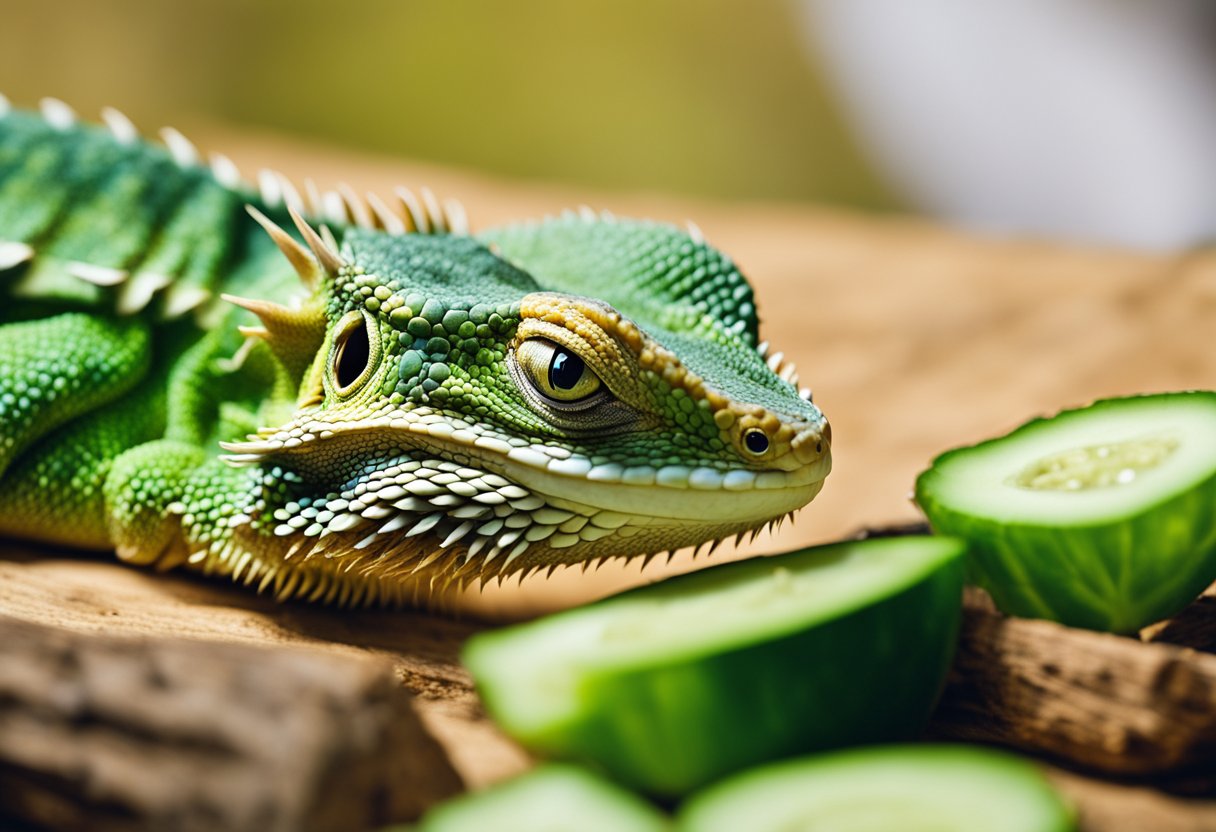 A bearded dragon eagerly munches on a slice of cucumber, its eyes bright with curiosity and satisfaction