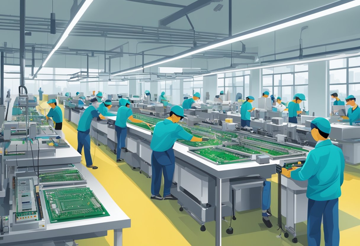 A bustling PCB assembly line in Malaysia, with machines and workers diligently assembling electronic components