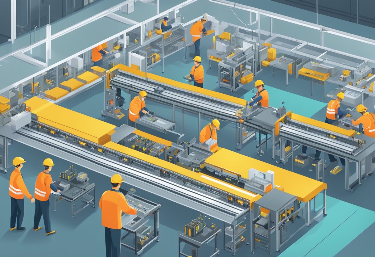 A bustling factory floor with workers assembling PCBs on conveyor belts, surrounded by rows of machinery and equipment