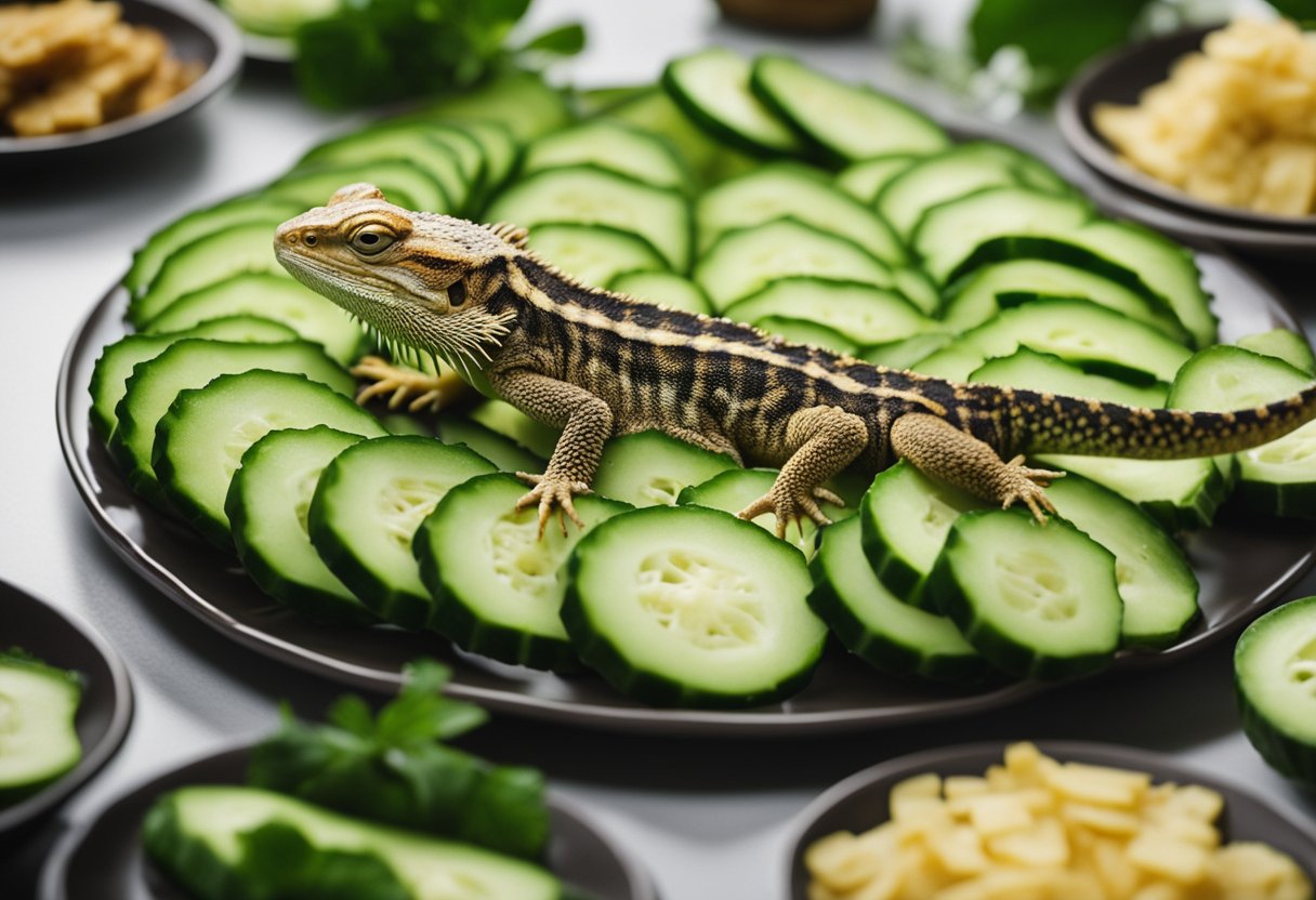 Bearded dragons devour cucumber slices on a plate
