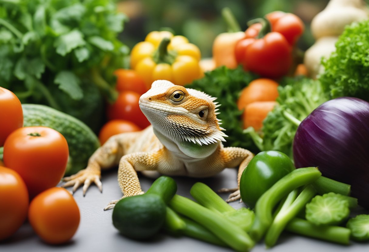 Bearded dragon surrounded by various vegetables, with cucumber in focus