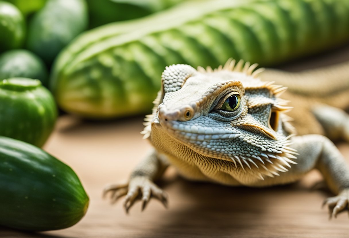 A bearded dragon surrounded by cucumber, with a curious expression, as if considering whether or not to eat it