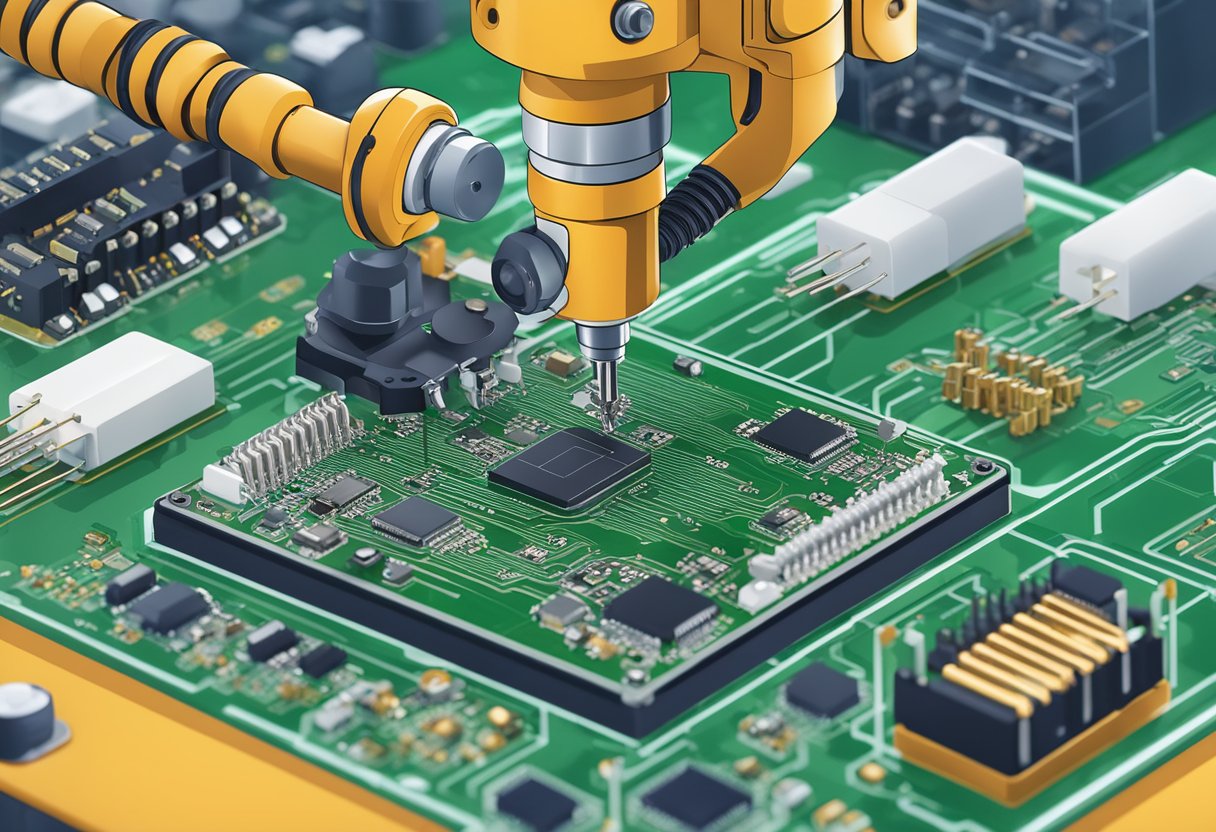 PCB components being soldered onto a circuit board by a robotic assembly arm