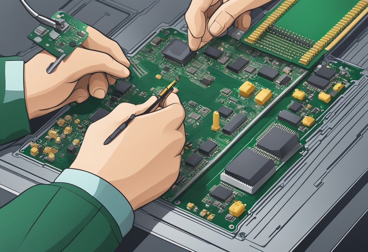 PCB components being placed onto a circuit board, soldered, and inspected for quality assurance