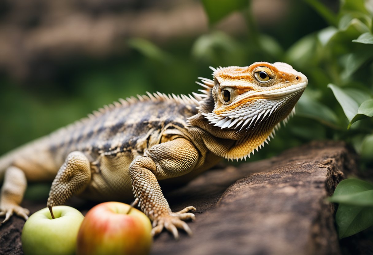 A bearded dragon eating an apple