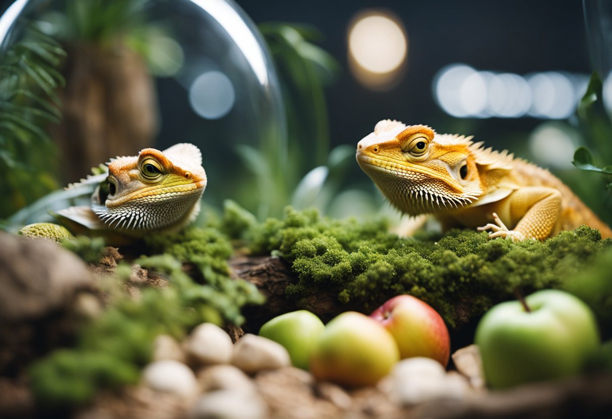 Bearded dragons eating apples in a terrarium